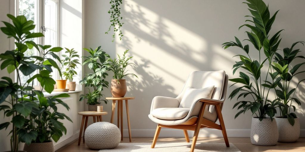 Cozy home office with plants and natural light.