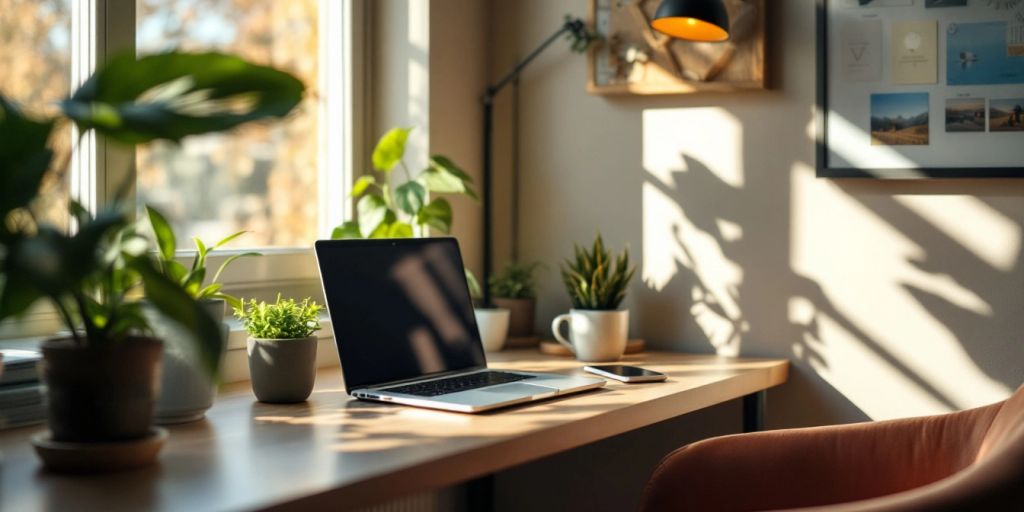 Cozy home office with laptop, plants, and coffee mug.