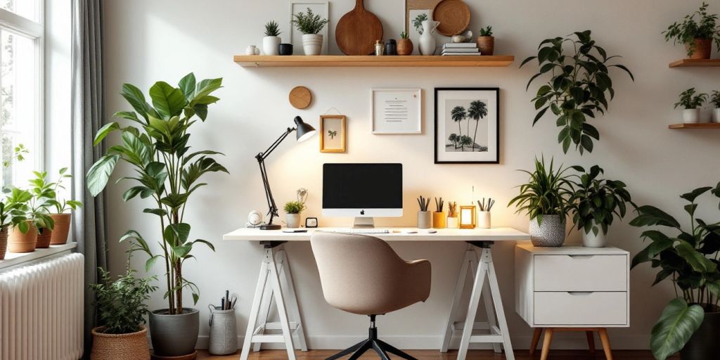 Cozy home office with desk, chair, and plants.