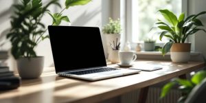 Clean workspace with laptop and coffee for focus.