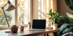 Cozy workspace with laptop, coffee, and plant.