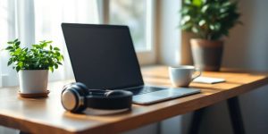 Modern remote workspace with laptop and coffee cup.