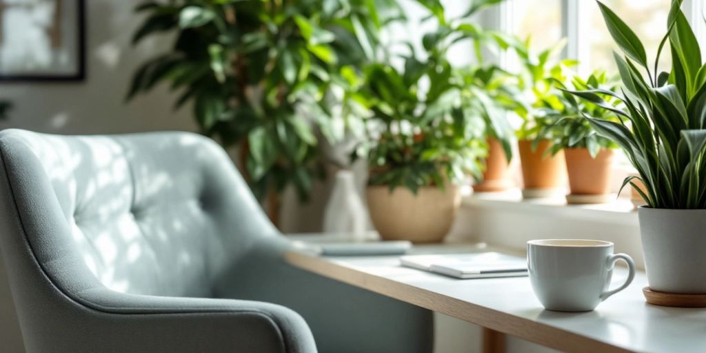 Cozy workspace with plants and a cup of tea.